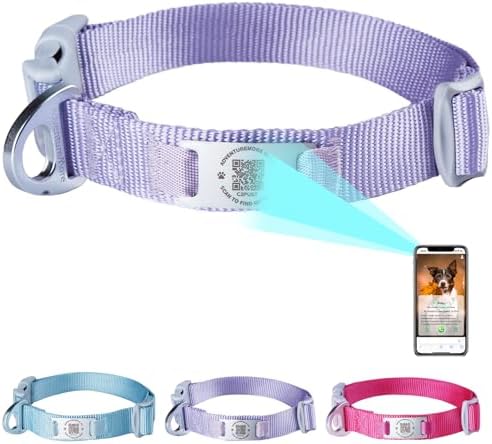 ADVENTUREMORE Smart ID Tag QR Code Nylon Dog Collar - Prevents Small, Medium, Large Dogs from Getting Lost at Night, Displays Owner and Pet Details - Durable, Adjustable, Thick-Purple-L