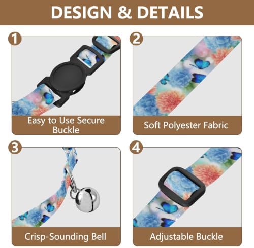 Hydrangeas Blue Butterflies Metal Bell Included Cat Collar 2 Pack Collars for Cats