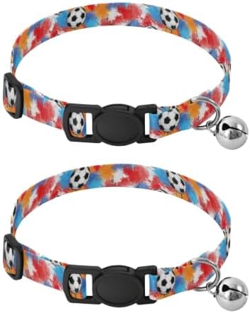 2 Pack Pet Collars Soccer Balls Splashes Cat Bell Collar, Adjustable Length 10.6" to 17.1"