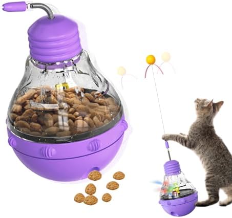 Cat Interactive Toy, Slow Food Dispenser Feeder, Tumbler Design with Teaser Wand & Glowing Ball, Funny Kitten Treats for Indoor Cats Exercise and Boredom Relief (Purple)