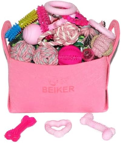 Beiker 20 Pack Pink Puppy Chew Toys, Dog Teething Toys for Puppies | Puppy Teething Rings and Ropes for Small Dogs, Rubber Toy Bundle for Puppy Busy, Cute Interactive Pet Balls for Small Breed