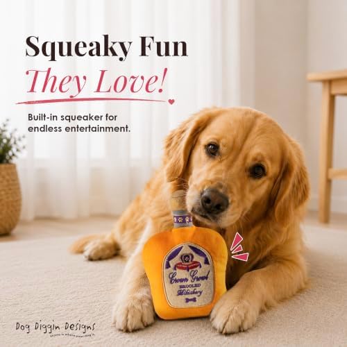 Dog Diggin Designs Crown Growl Plush Dog Toy Whisky Bottle | Luxury-Inspired Parody Whisky Bottle Dog Toy with Squeaker, Soft Plush Novelty Dog Toy – Shaken, Not Stirred!