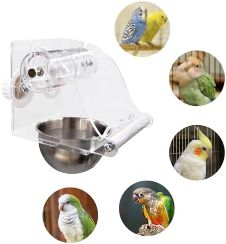 Interactive Bird Feeder with Rolling Foraging Toy - Clear Acrylic Treat Dispenser & Stainless Steel Bowl for Small to Medium Birds | Cage-Mounted with Rust-Resistant Metal Perch