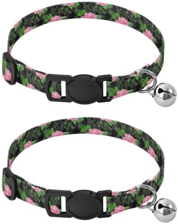 Roses Green Leaf Floral Black Pet Collars for Cats, 2 Pack Cat Collar with Bell