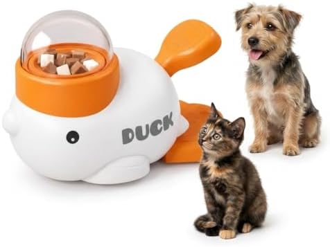 Interactive fuzzibud cat Treat Toy & Duck Treat Dispenser for Dogs - Slow Feeder cat Feeder Puzzle for Boredom Relief, Puzzle Toy with 3 Lids (Little White Duck Food Spiller)