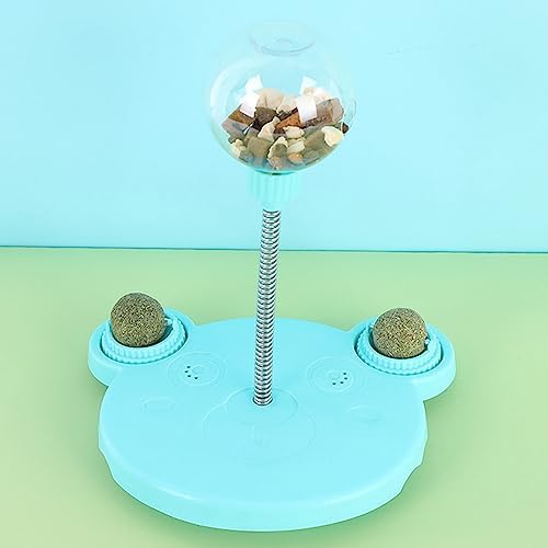 Cat Treat Dispenser Toy, Plastic Cute Bear Shape Leaky Food Circle Balls Track Feeder Toy with Spring, Aggressive Interactive Durable Safe Pet Toys for Mental Enrichment (Blue)