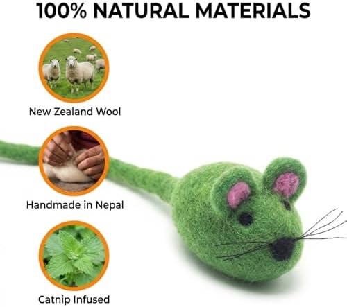 Glaciart One Felt Mouse Cat Toy – Soft Fuzzy Enrichment 100% Natural Wool - Interactive Catnip Play Cat Toy Set - Safe for Pets, Non-AZO Colored Dyes - 42” Long