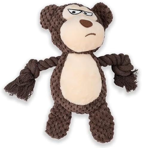 Squeaky Dog Toy Chew Plush Stuffed with Cotton Rope Crinkle Paper Soft Interactive Durable for Small Medium Large Dogs Puppy Pet Brown Monkey