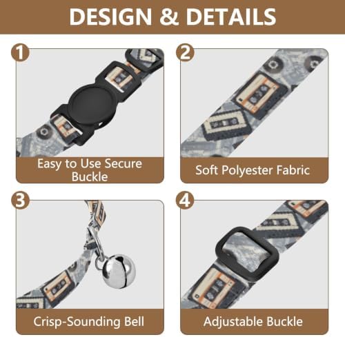 2 Pack Cat Collar Retro Cassette Tapes Black Dog Collar with Bell, Adjustable Length 10.6" to 17.1"