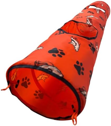 NFL Denver Broncos Cat Tunnel Tube Toy with Plush Football Catnip and Feathers Collapsible Tunnel for Cats to Play, Peek and Hide, Sporty & Fun Cat Tunnel Toy with Team Logo All-Over Design!