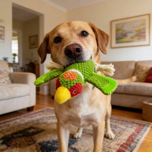 Dog Squeaky Toys Plush Mallard Duck Dog Chew Toy with Knotted Rope Tassels, Teething Interactive Tug Toy for Small, Medium and Large Dogs