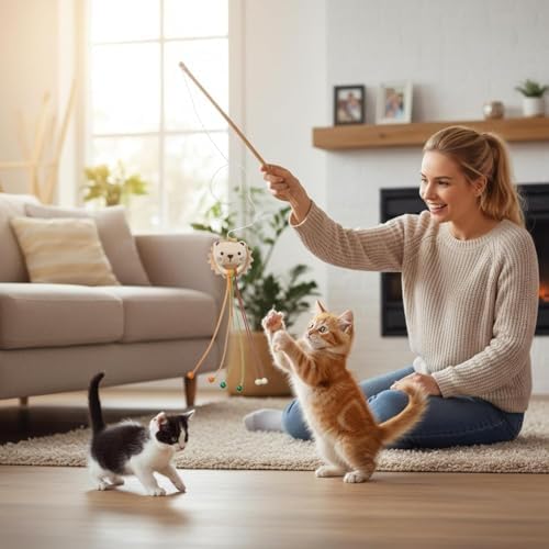 2-Pack Cat Toy Wand Set: Interactive Cat Teaser Wands with Bells and Streamers to Engage Your Cat’s Natural Instincts (Lion and Mouse)