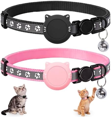 Tensho 2-Pack Breakaway Cat Collar with Airtag Holder, Bell（Black and Pink）