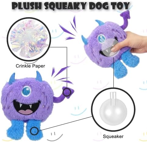 Monster Plush Squeaky Dog Toy Crinkle Dog Chew Toy for Small Medium Large Dogs, Purple
