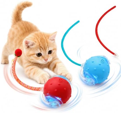 Interactive Cat Toy Ball,2 pcs 3 Speed Modes Automatic Moving Cat Toy Balls,Automatic Rolling Rechargeable Cat Toy for Indoor Cats Bored Adult & Kittens-Red and Blue