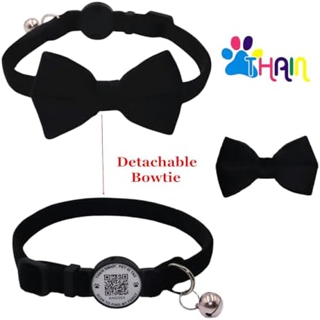 THAIN Personalized Cat Collar with Bell and Bowtie Breakaway QR Code Name Smart ID tag Quick Release Soft Comfortable Collar for Cats and Kittens (Black)
