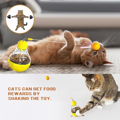 Cat Interactive Toy, Slow Food Dispenser Feeder, Tumbler Design with Teaser Wand & Glowing Ball, Funny Kitten Treats for Indoor Cats Exercise and Boredom Relief (Yellow)