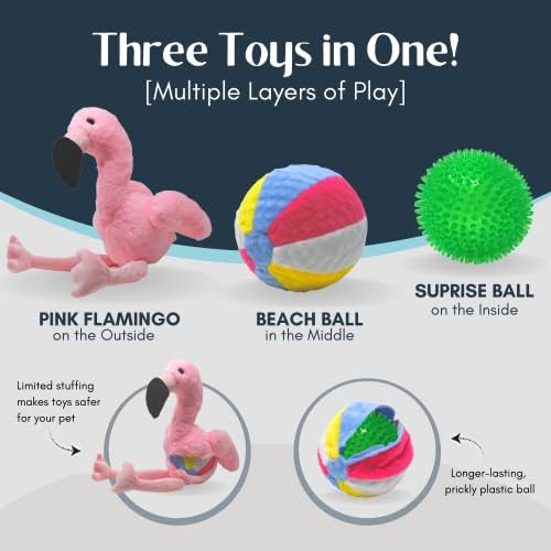 Flourish Pets 3 in 1 Multi-Layer Chew Toy for Active Dogs | Non-Toxic BPA Free Double Stitched Soft Fabric Exterior Dog Toys | Long-Lasting Dog Plush Toys – Large Flamingo 17.5"