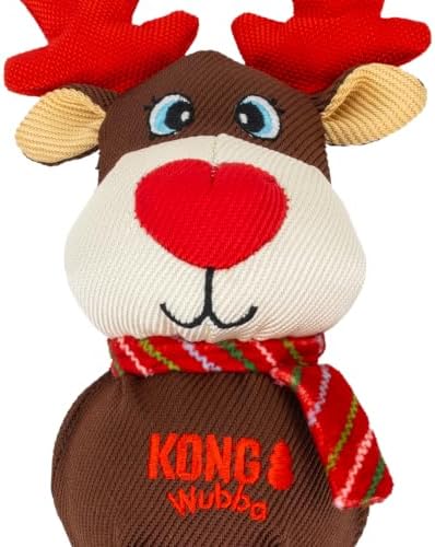 KONG Holiday Wubba Dog Toy – with Long Floppy Tails, Squeaker for Tugging, Fetching & Shaking Fun (Reindeer)