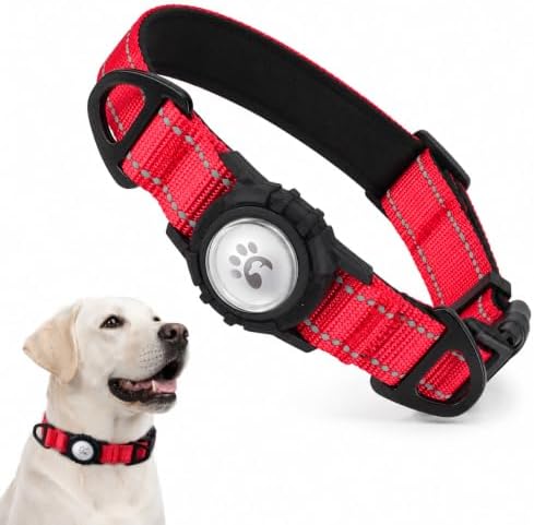 Padded Dog Collar with Waterproof Holder Compatible with Airtag