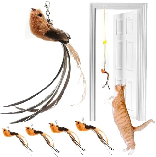 miwoowim 4PCS Feather Bird Cat Wand Refills &,Door Hanging Suction Cup Set