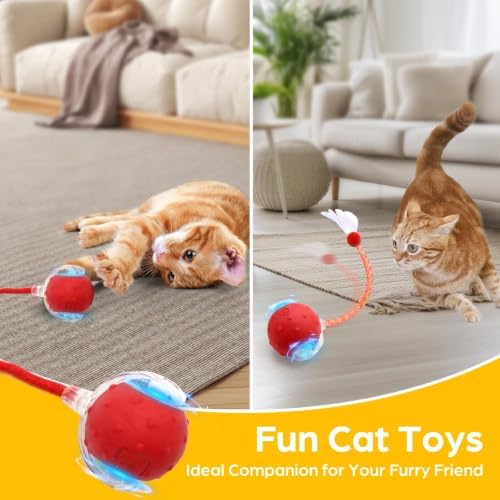 Interactive Cat Toy Ball,2 pcs 3 Speed Modes Automatic Moving Cat Toy Balls,Automatic Rolling Rechargeable Cat Toy for Indoor Cats Bored Adult & Kittens-Red and Blue
