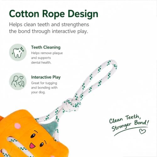 Green Sheep Interactive Plush Dog Toy, No Stuffing Squeaky Toy with Recycled Cotton Rope for Medium to Large Dogs, Chew Toy, Pumpkin