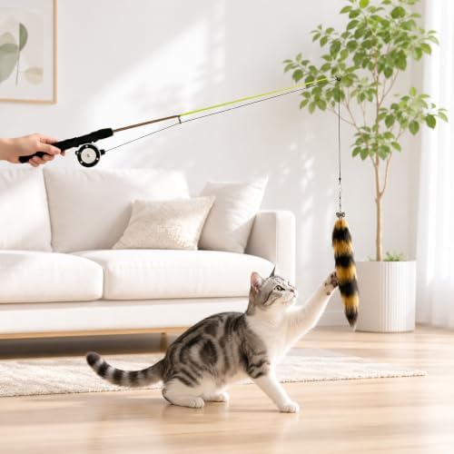 Cat Teaser Wand, 30-Inch Retractable Cat Fishing Pole Toy with 5 Replacement Teaser Toys, Fox Tail, Swallow, Butterfly and 2 Caterpillars, Interactive Indoor & Outdoor Cat Toy