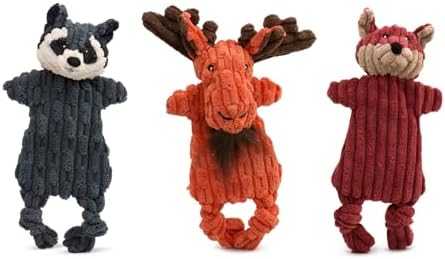 HuggleHounds Flatties - Dog Plush Toys to Keep Them Busy, Squeaky Crinkle Pet Toy for Small, Medium, & Large Dogs, Durable Stuffed Animal, Fox, Moose, & Raccoon - 3-Pack Woodland HuggleFlatties, Small