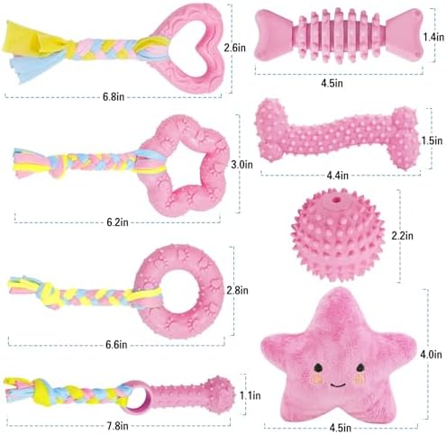 MRSOHRET Puppy Toys, 8 Pack Puppy Chew Toys for Teething, Cute Pink Small Dog Toys Set, Teething Toys for Puppies, Soft Durable Interactive Chew Toy for Small Dogs
