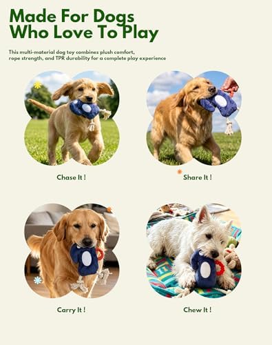 Deeow Tether Squeaky Plush Dog Tug Chew Toy for Enrichment/Interactive