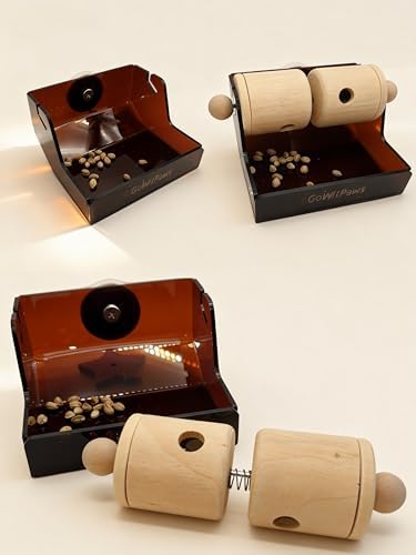 Rolling Treat Dispenser, Dual Wooden Roller Foraging Toy with Tea-Colored Acrylic Tray, Interactive Puzzle Feeder for Small and Medium Parrots