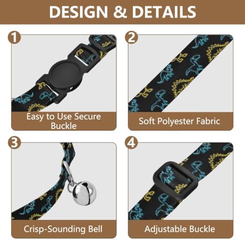 Colorful Neon Dinosaurs Black Metal Bell Included Cats Collar 2 Pack Collar for Cats
