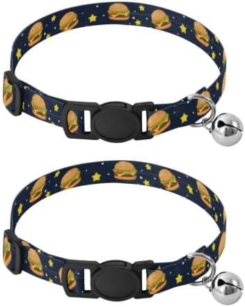 Cartoon Hamburgers Stars Navy Pet Collars 2 Pack Soft Cat Collar Adjustable 10.6 to 17.1 Inches