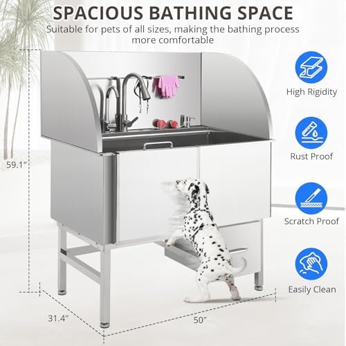Professional Dog Grooming Tub, 50 in Stainless Steel Dog Wash Station With Foldable Ramp, Storage Drawer, Floor Grate & Faucet/Dog Bathtub for Large, Medium & Small Pets - Right Door (50 in )