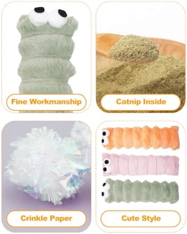 PET SHOW 3 Pack Cat Toys Pillows for Indoor Cats Kittens Soft Kicker Toy with Catnip Inside Crinkle Sounds Pet Interactive Caterpillar Plush Kitty Sticks for Play & Exercise