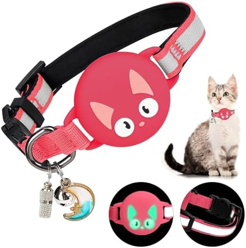 Reflective Breakaway Cat Collar for AirTag (1st & 2nd Gen) Holder - Waterproof Safety Buckle Kitten Collar with Bell, Luminous Lightweight GPS Tracker Case for Apple for Air Tag (Red)