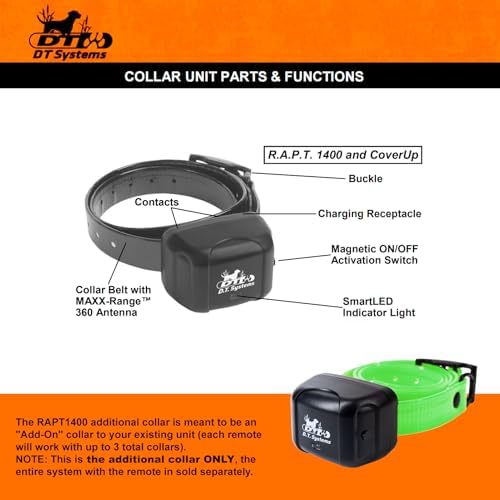 DT SYSTEMS RAPT1400 Additional Collar Receiver for RAPT1400 Dog Training System, Rechargeable Adjustable Gentle Touch Stimulation Add-On E-Collar - Green