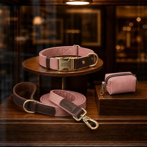 Personalized PU Leather Dog Collars,Quick Release Buckle,Pink,XL
