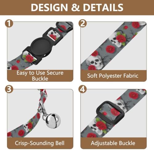 Skull Roses Gray Easy to Wear Dog Collar 2 Pack Comfortable Cat Collar