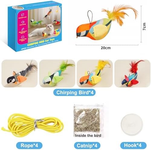 4PCS Interactive Hanging Bird Cat Toys Set - with Catnip, Realistic Chirping, Lifelike Birdie Tweets, Durable & Safe, Indoor Kitty Kitten Exercise Toys (Mini)