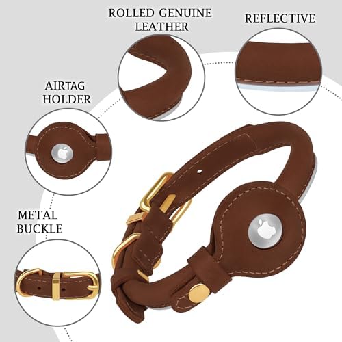 OOPSDOGGY Rolled Leather Dog Collar with Airtag Holder - Reflective Round Airtag Dog Collar - Soft Tracking Pet Collar for Small Dogs Puppy Cats Kitten (Brown, XS, 8"-11")
