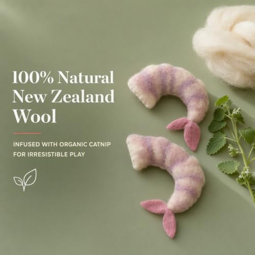 Glaciart One Wool Shrimp Cat Toys with Catnip | Interaction & Boredom Relief, Encourages to Exercise, Explore & Play | Filled w/Organic Herbs to Help Sooth or Reduce Anxiety