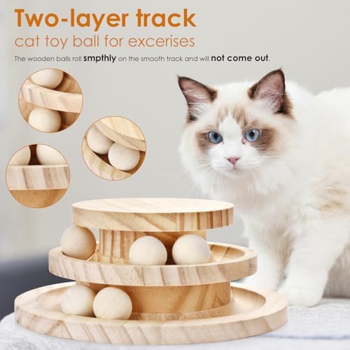 Cat Ball Track Toy, Double-Layer Tower cat Toy Roller, Interactive Wooden cat Toy - no Card Ball, Anti Slip, no Assembly Required, Ideal Choice for Physical and Mental Exercise of Kittens