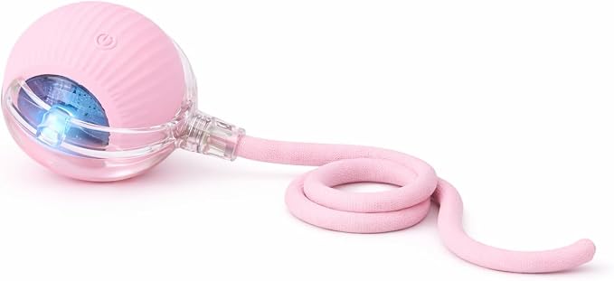 Interactive Rolling Cat Ball Toy with String, Motion Activated Automatic Cat Toy, USB Type C Rechargeable LED Light Pet Toy for Indoor Cats (Pink)