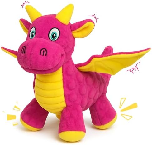 Squeaky Dog Toy - Plush Dragon with 5 Squeakers and Crinkle Wings
