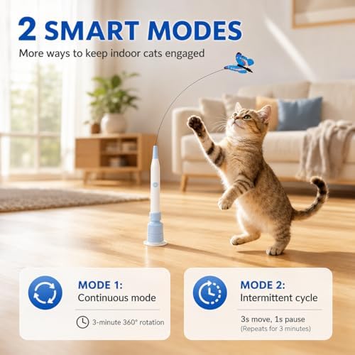 Rechargeable Butterfly Cat Toy for Indoor Cats, Electric Cat Wand with Suction Cup Base, 2 Play Modes, Self-Play & Handheld Cat Wand with 5 Cloth-Buckle Butterfly Refills, Blue