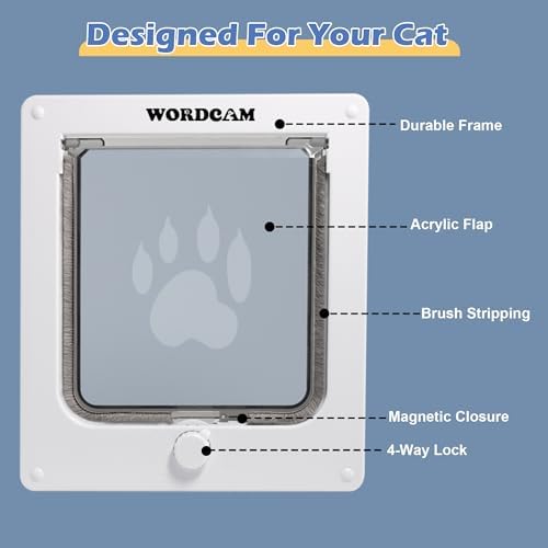 Wordcam Cat Door for Interior/Exterior Door, Tough ABS Frame, Large, White
