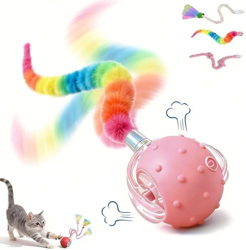 Automatic Chirping Cat Ball, 3 Interchangeable Tails for Indoor Cats, Pink