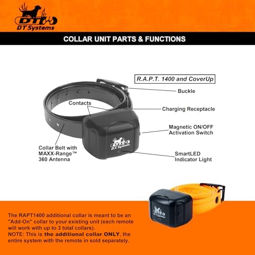 DT SYSTEMS RAPT1400 Additional Collar Receiver for RAPT1400 Dog Training System, Rechargeable Adjustable Gentle Touch Stimulation Add-On E-Collar - Orange